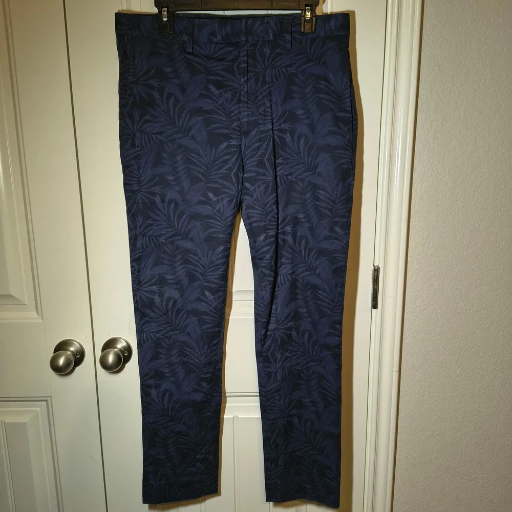 Banana Republic Mens Tapered Fit Chino Pants Navy Blue Palm Leaf Print 32x30